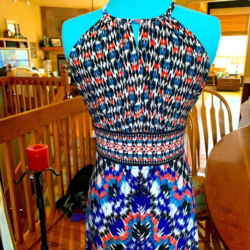 Colorful London Times halter style dress.